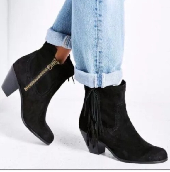 SAM EDELMAN Suede Louie Fringe Ankle Zip Booties. Black. Size 8 - Picture 1 of 15